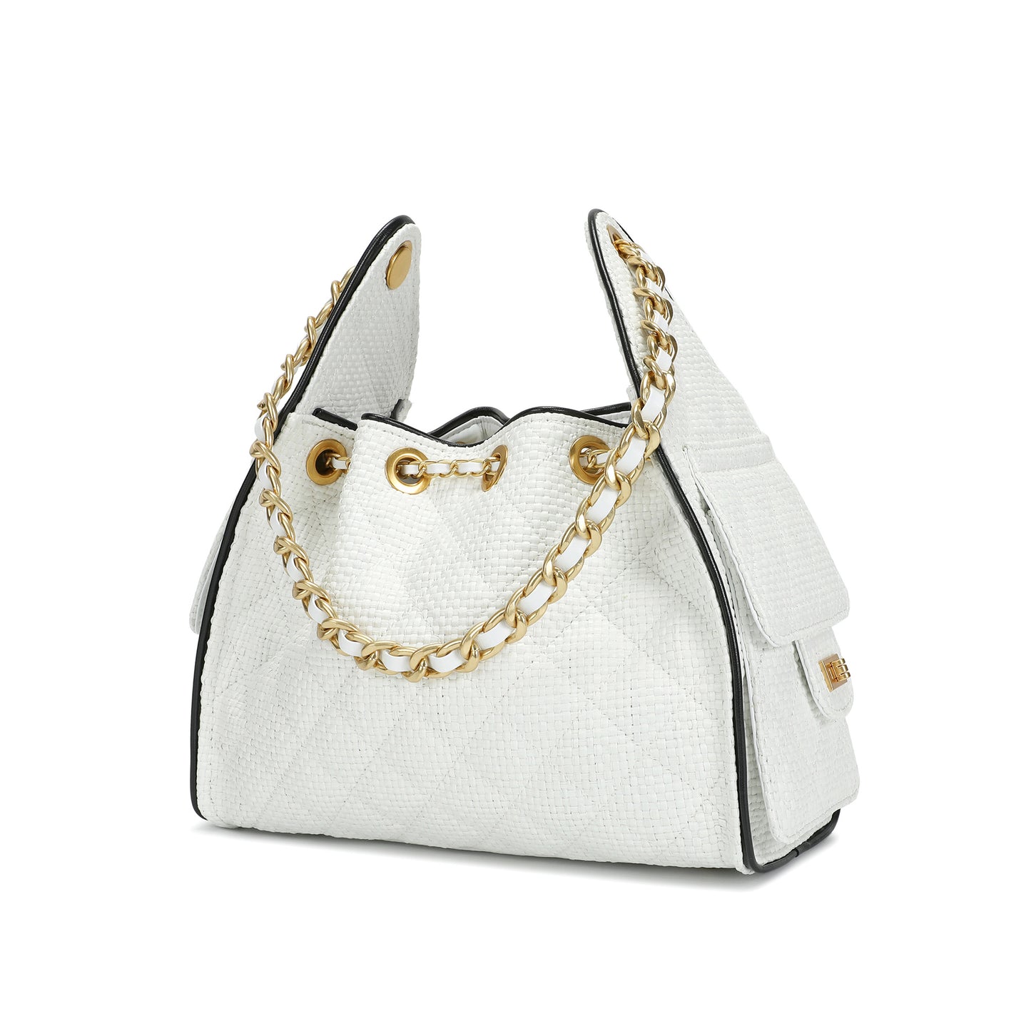 Woven Raffia & Leather Chain Shoulder Bag