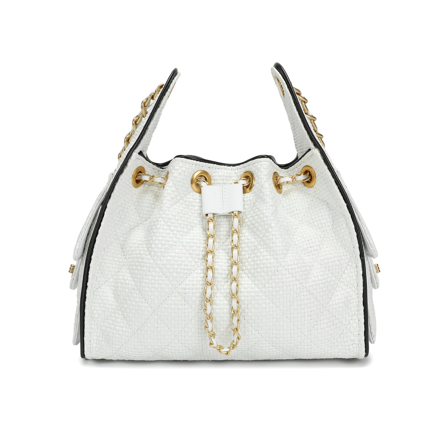 Woven Canvas Shoulder Bag with Sheepskin Leather Trim