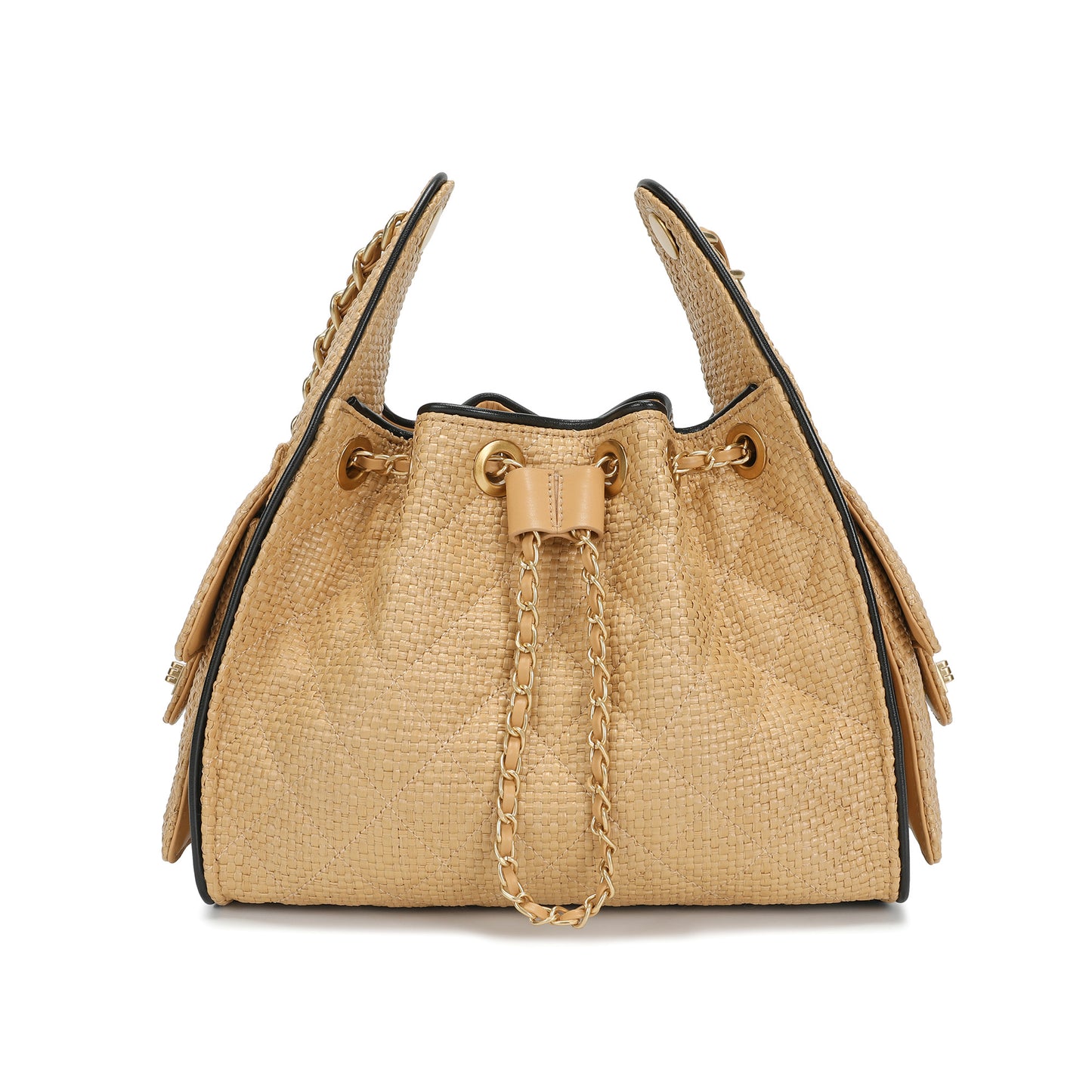 Woven Raffia & Leather Chain Shoulder Bag