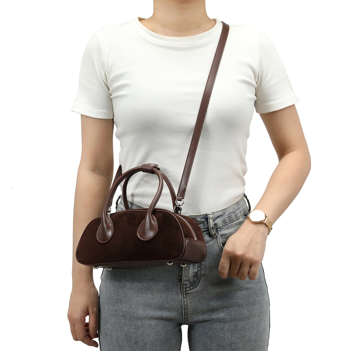 Elegant Suede Mini Handbag with Leather Accents