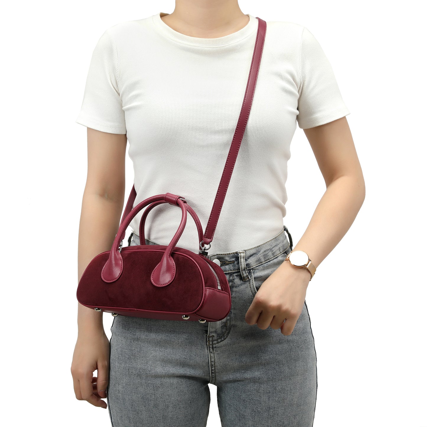 Elegant Suede Mini Handbag with Leather Accents