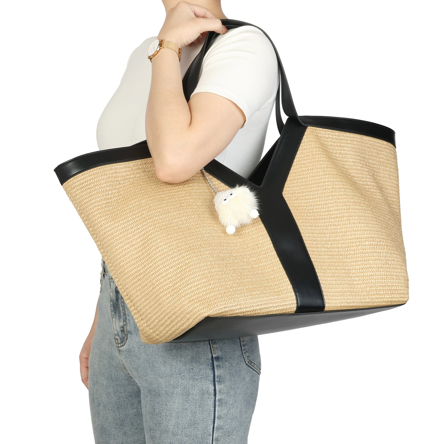 Oversized Raffia Tote with Leather Trim and Removable Pouch