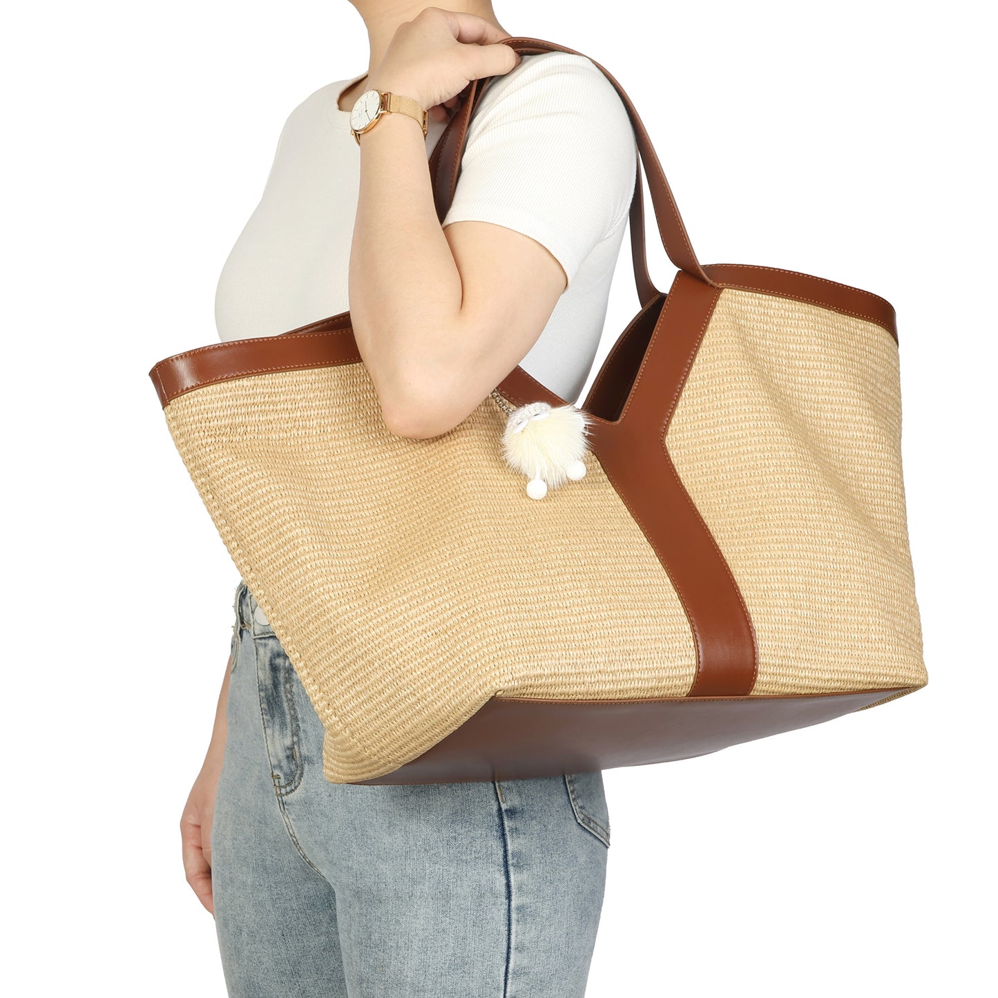 Oversized Raffia Tote with Leather Trim and Removable Pouch