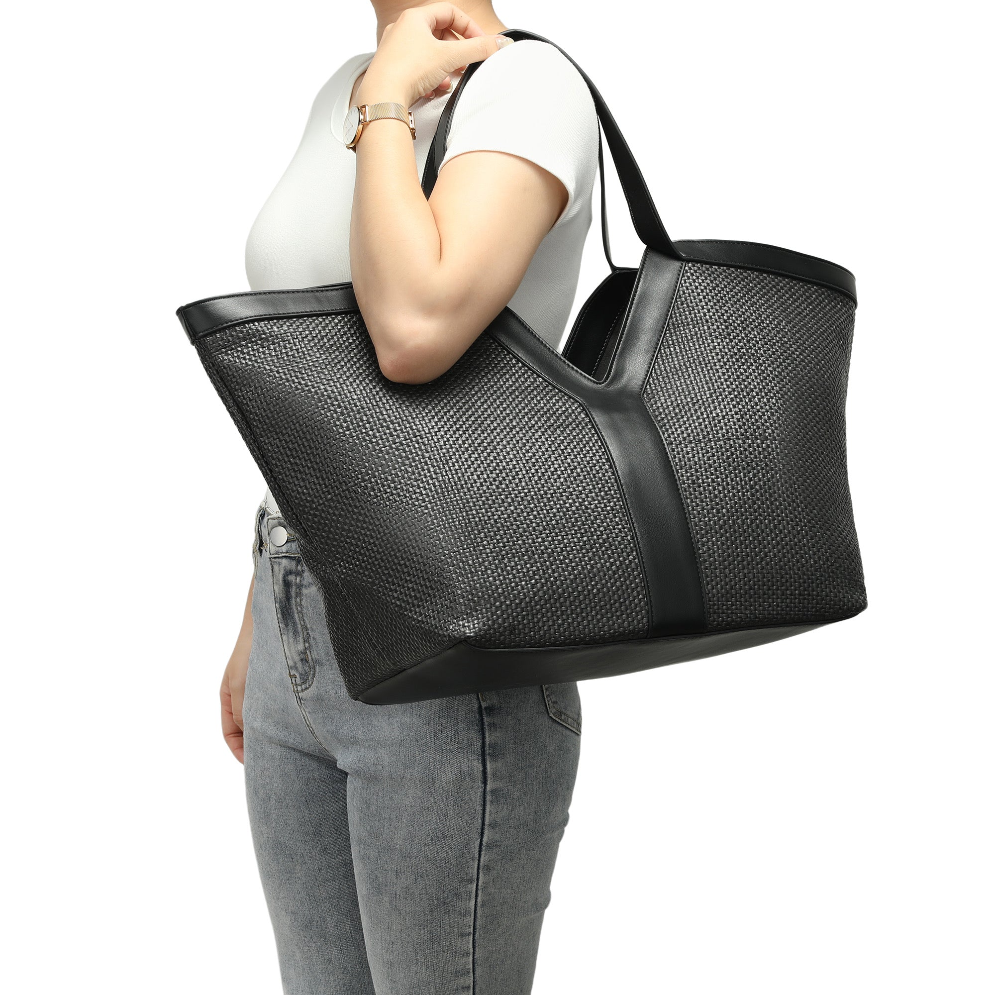 Oversized Raffia Tote with Leather Trim and Removable Pouch