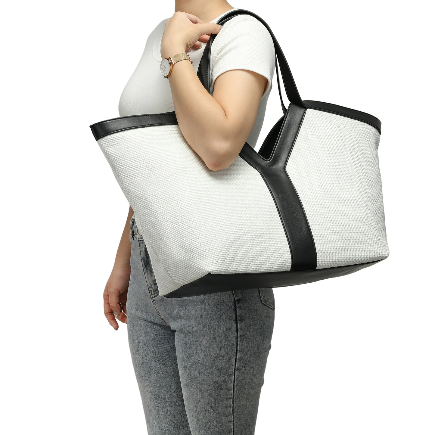 Oversized Raffia Tote with Leather Trim and Removable Pouch