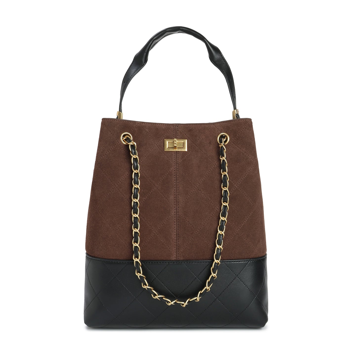 Suede & Leather Bucket Tote with Chain Straps