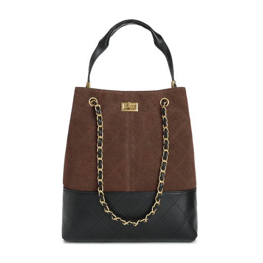 Suede & Leather Bucket Tote with Chain Straps