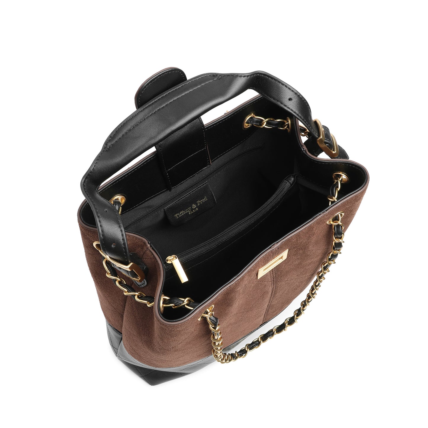 Suede & Leather Bucket Tote with Chain Straps