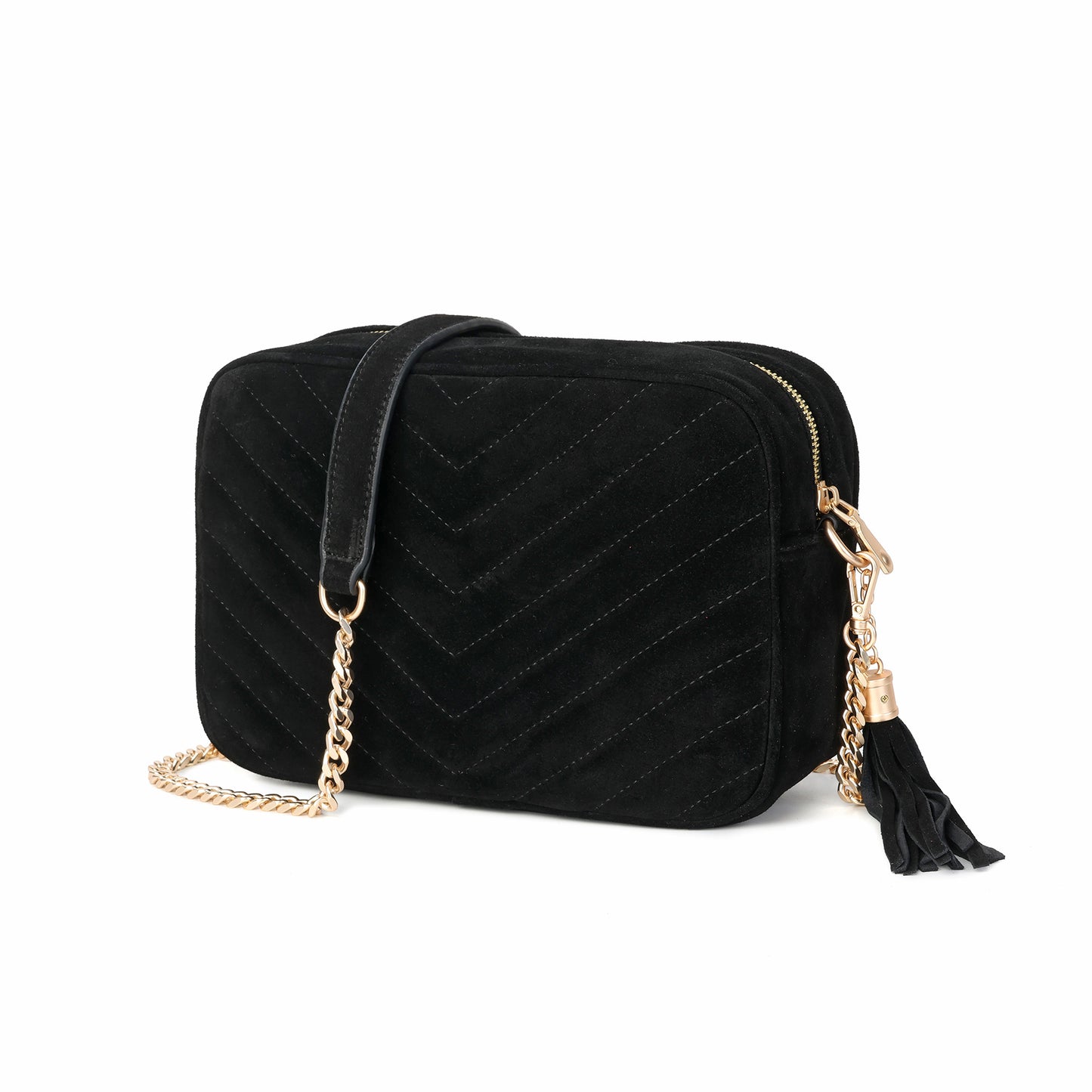 Suede Chevron Camera Bag with Chain Strap & Tassel