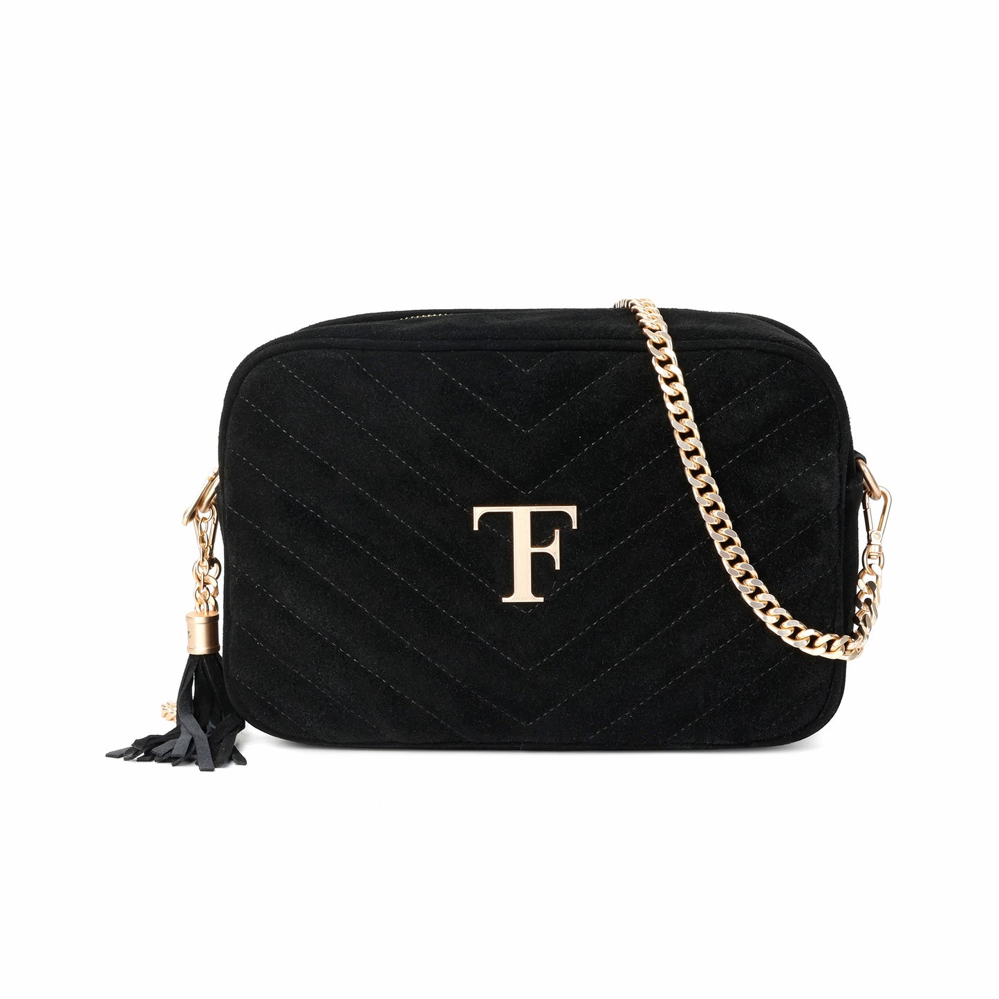 Suede Chevron Camera Bag with Chain Strap & Tassel