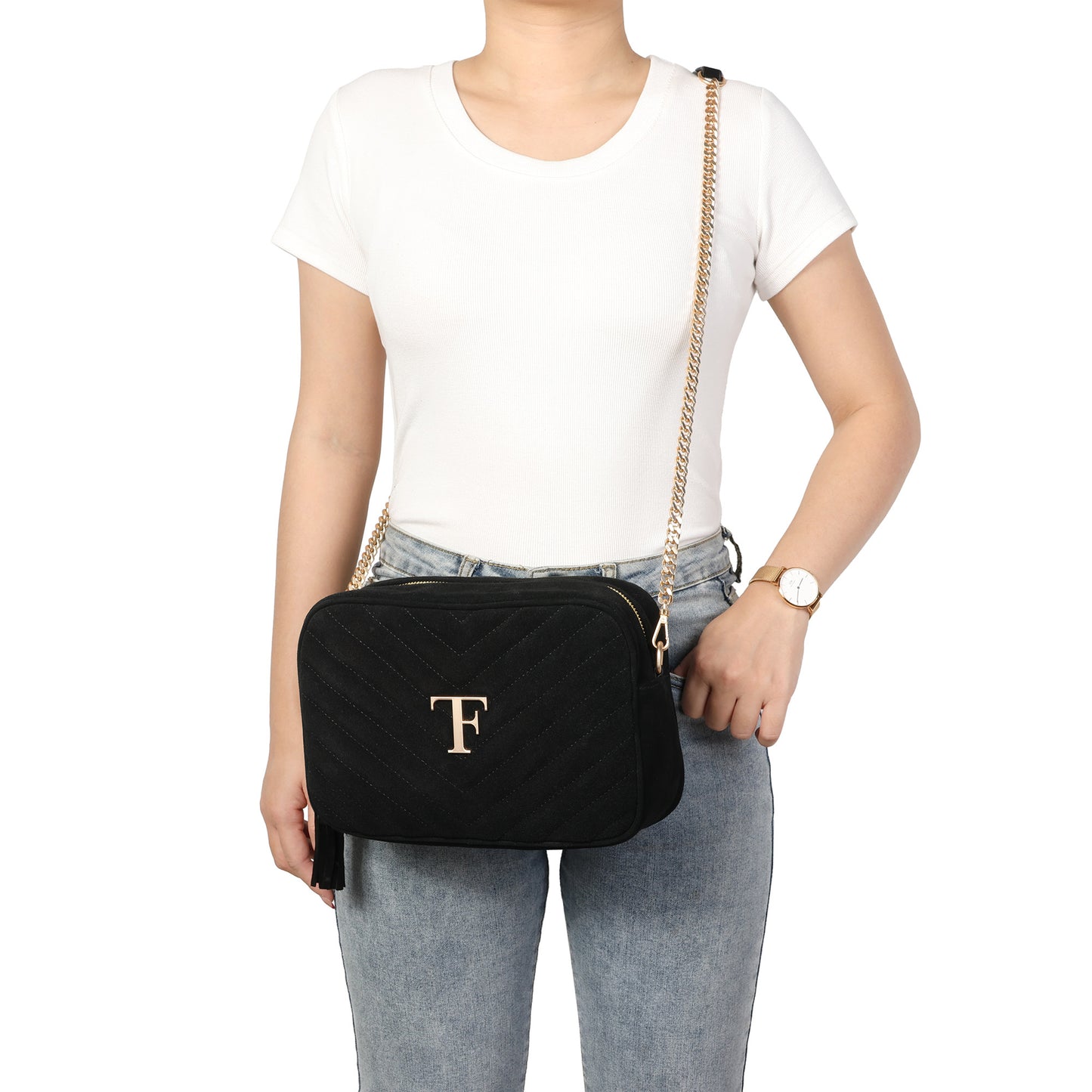 Suede Chevron Camera Bag with Chain Strap & Tassel