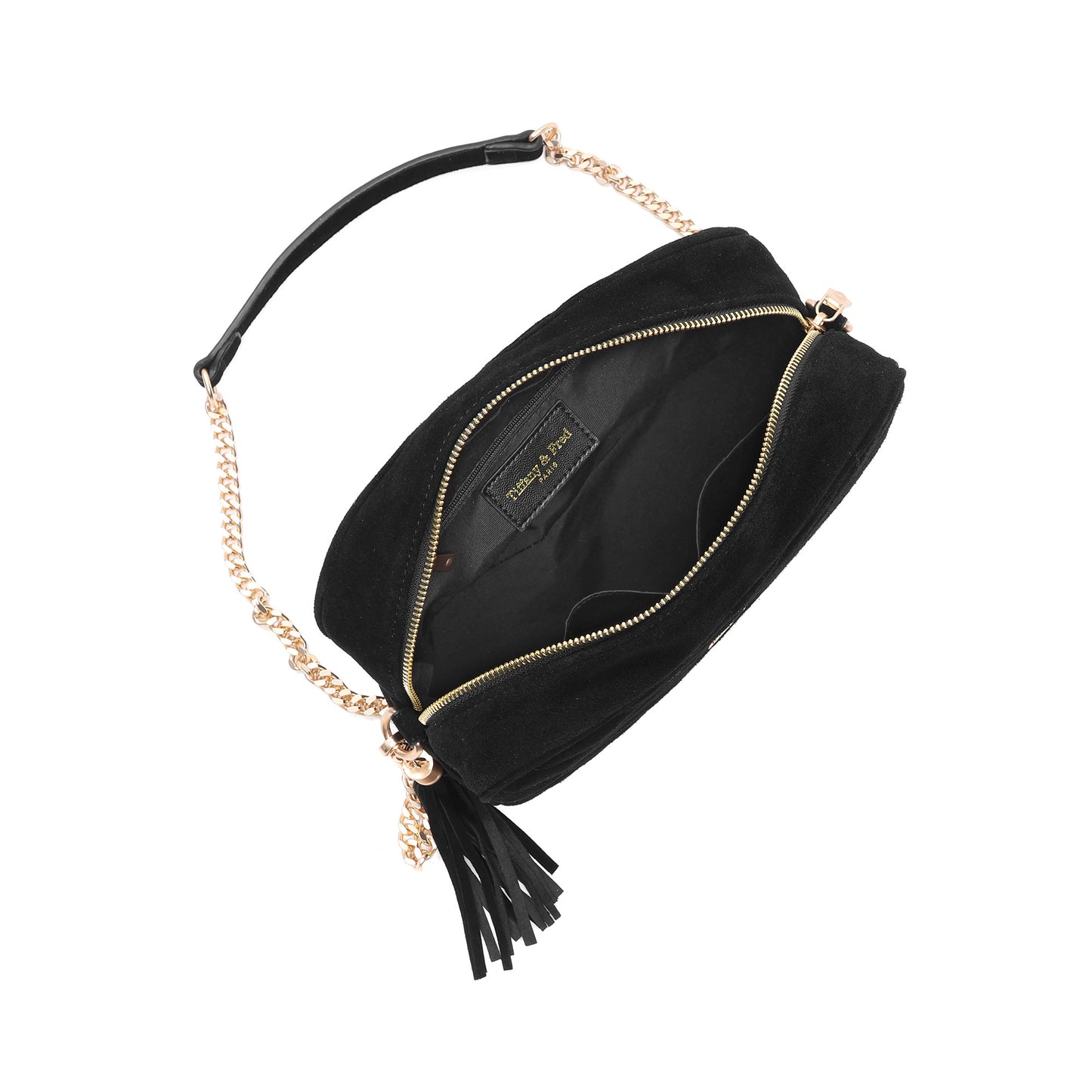 Suede Chevron Camera Bag with Chain Strap & Tassel