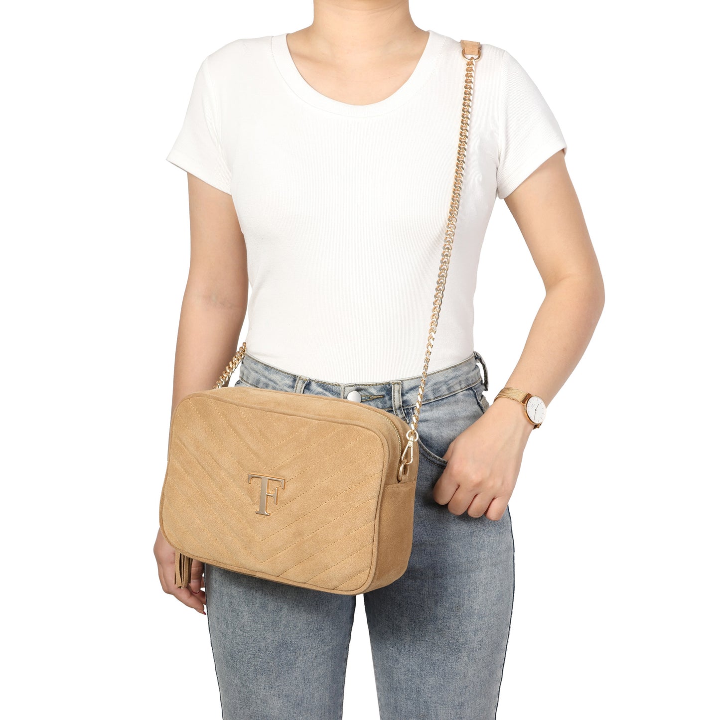 Suede Chevron Camera Bag with Chain Strap & Tassel