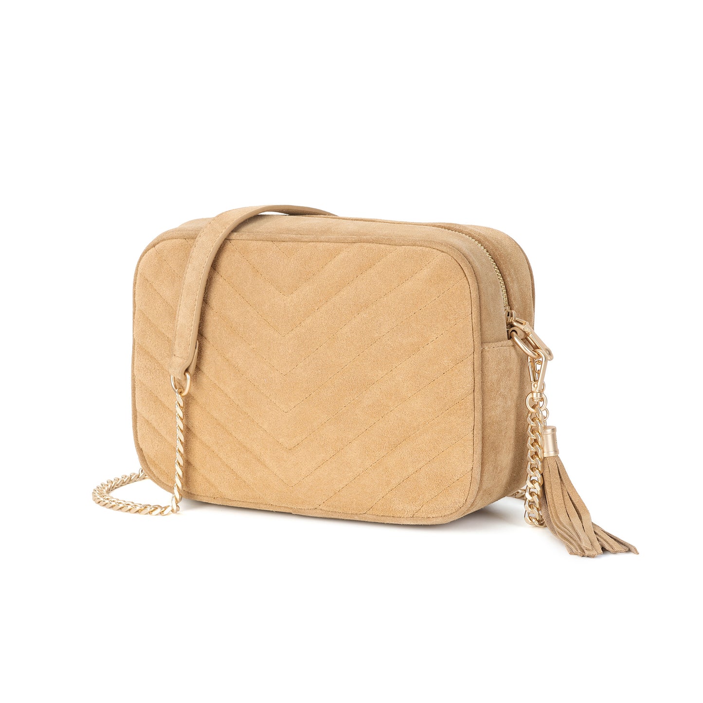Suede Chevron Camera Bag with Chain Strap & Tassel