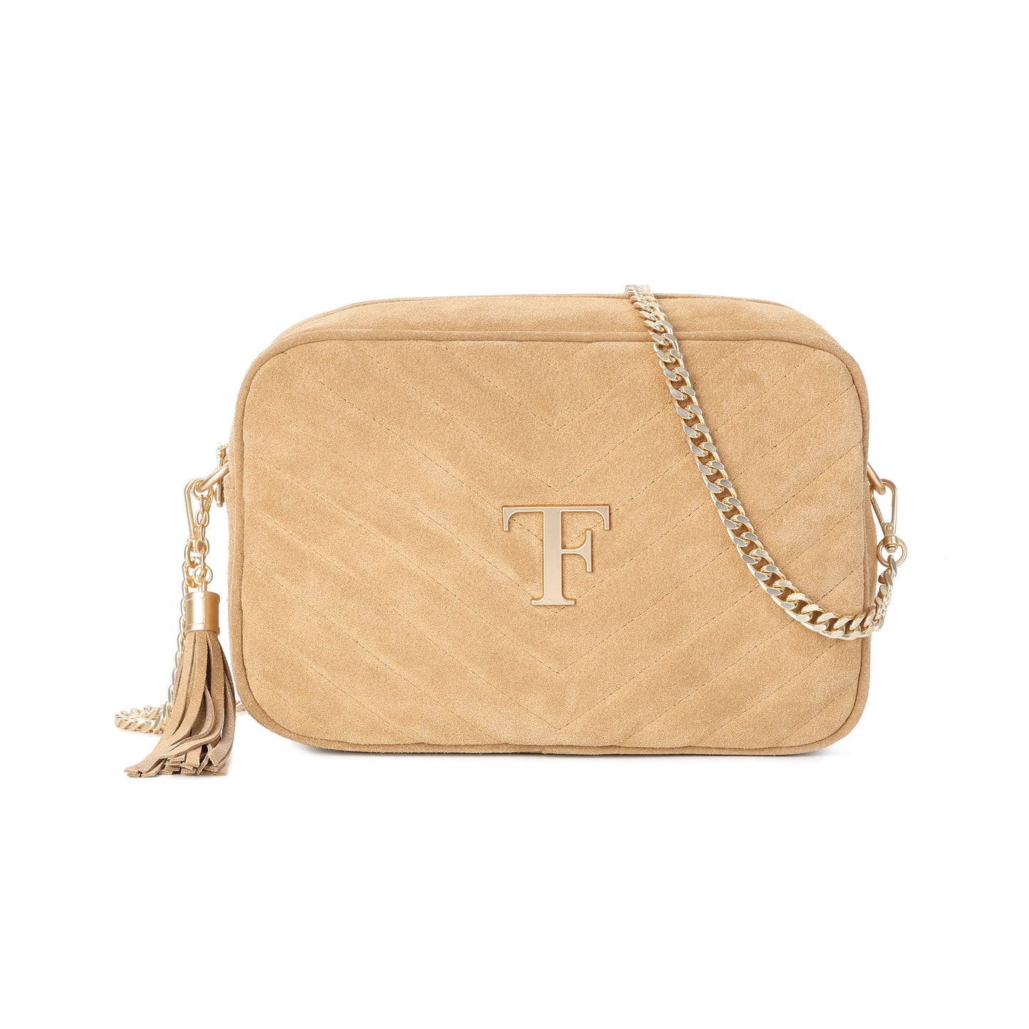 Suede Chevron Camera Bag with Chain Strap & Tassel