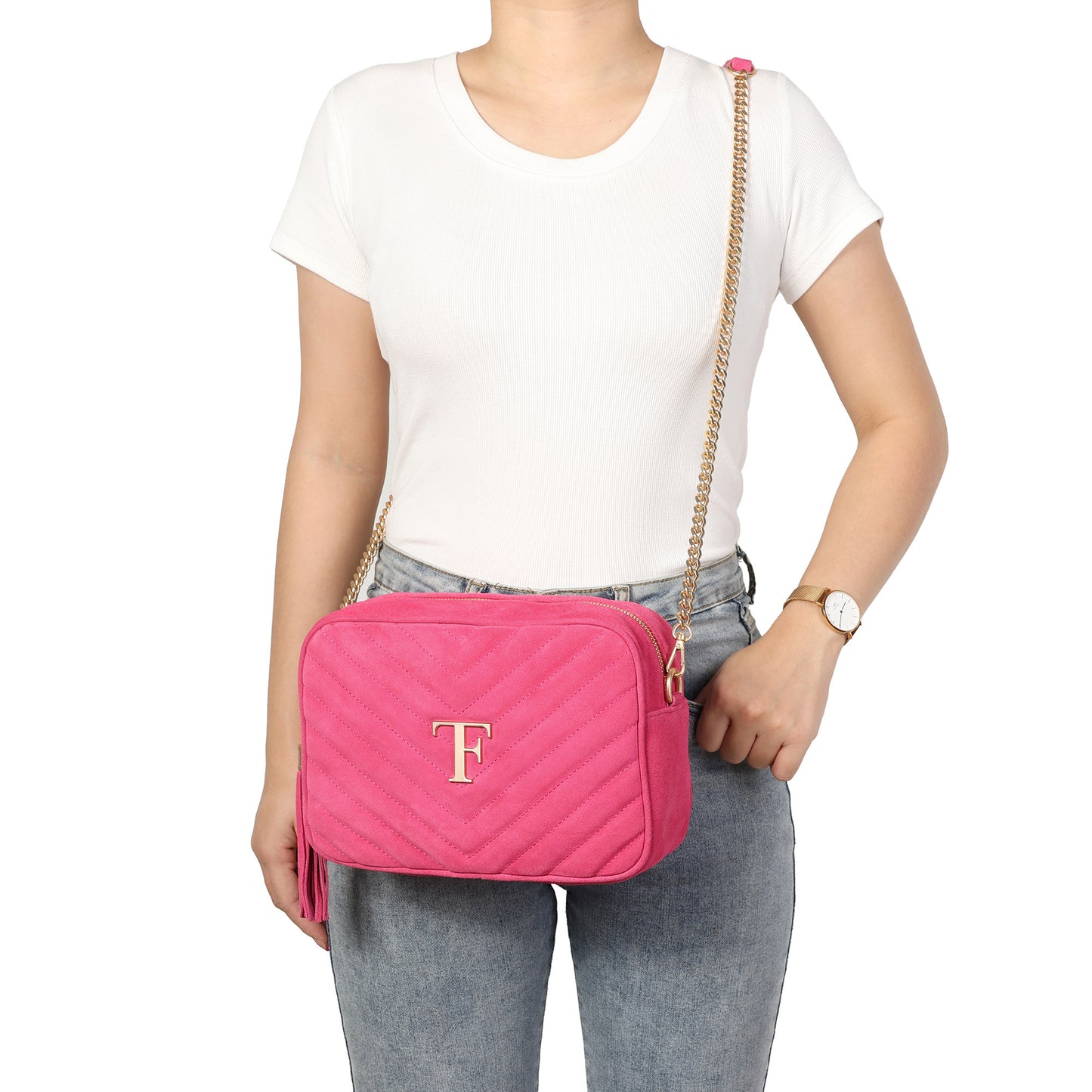 Suede Chevron Camera Bag with Chain Strap & Tassel