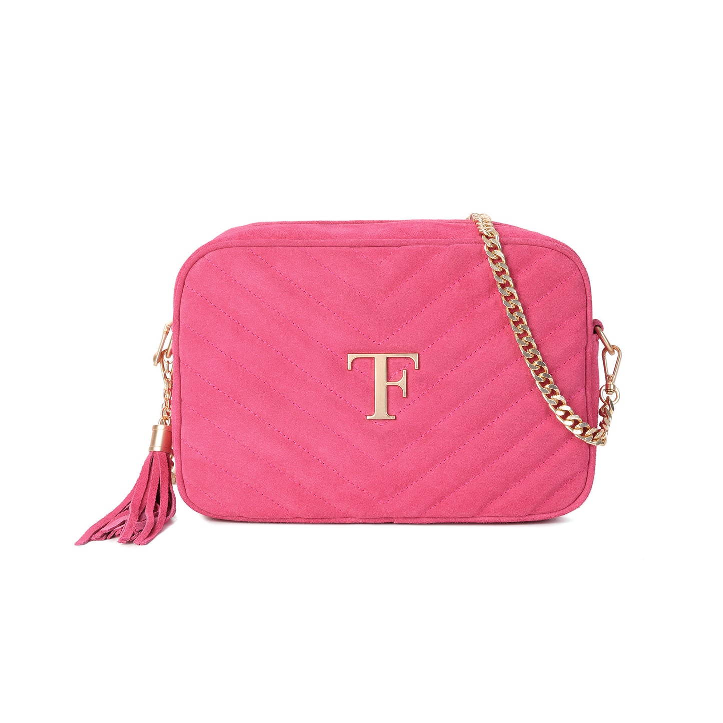 Suede Chevron Camera Bag with Chain Strap & Tassel