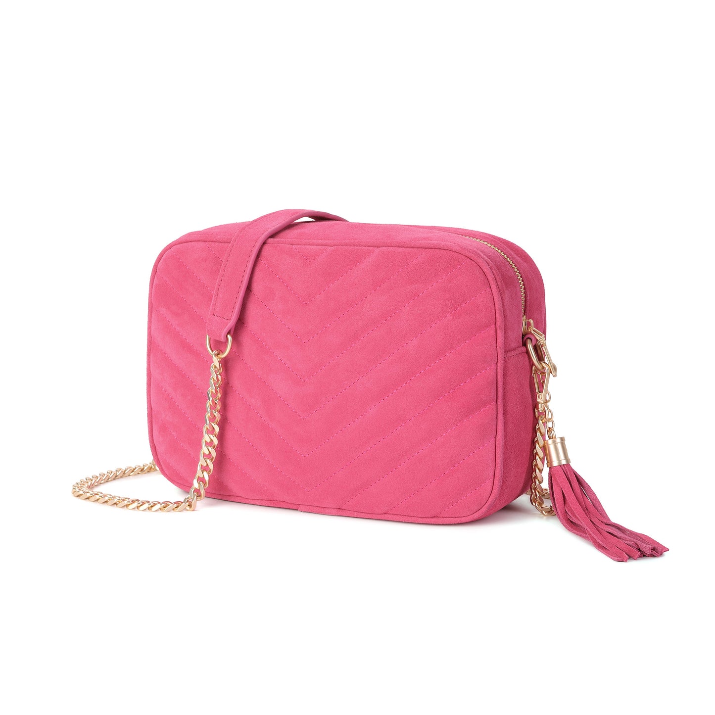 Suede Chevron Camera Bag with Chain Strap & Tassel
