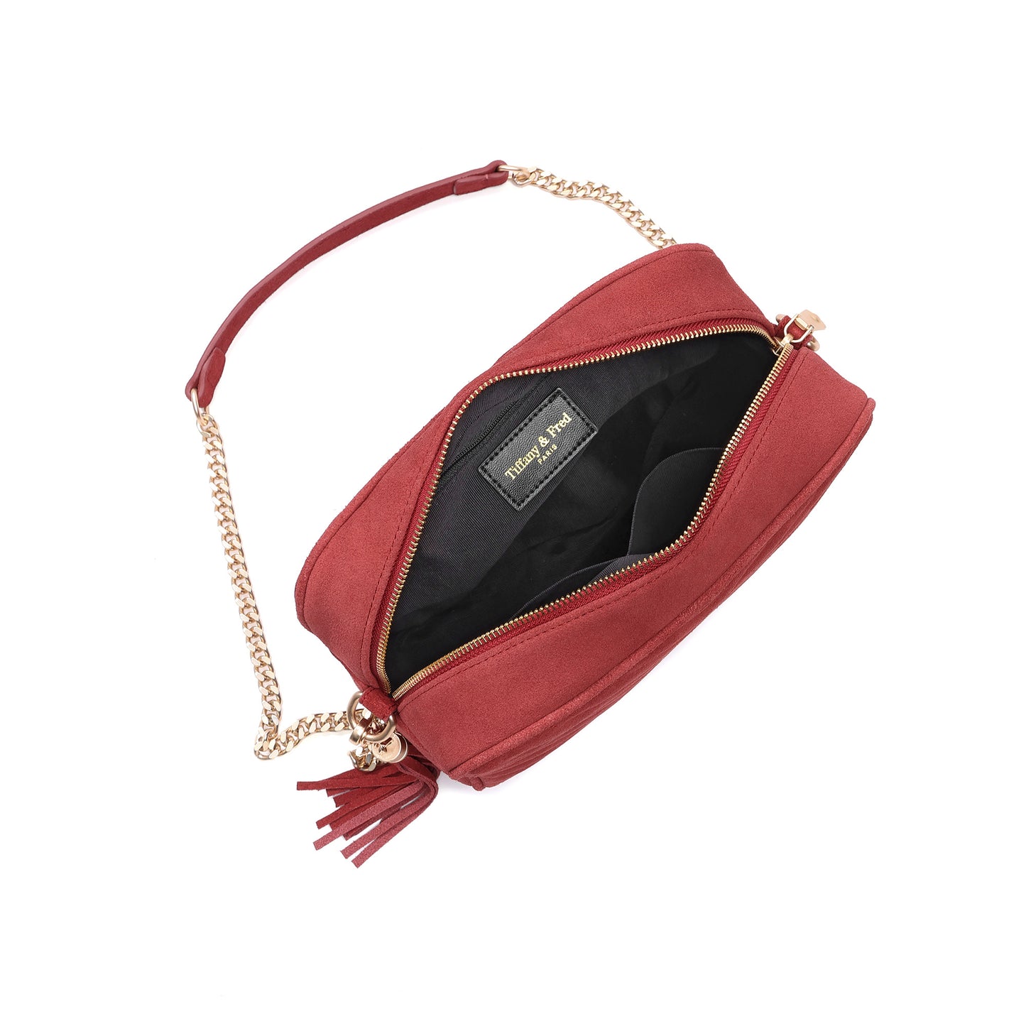 Suede Chevron Camera Bag with Chain Strap & Tassel