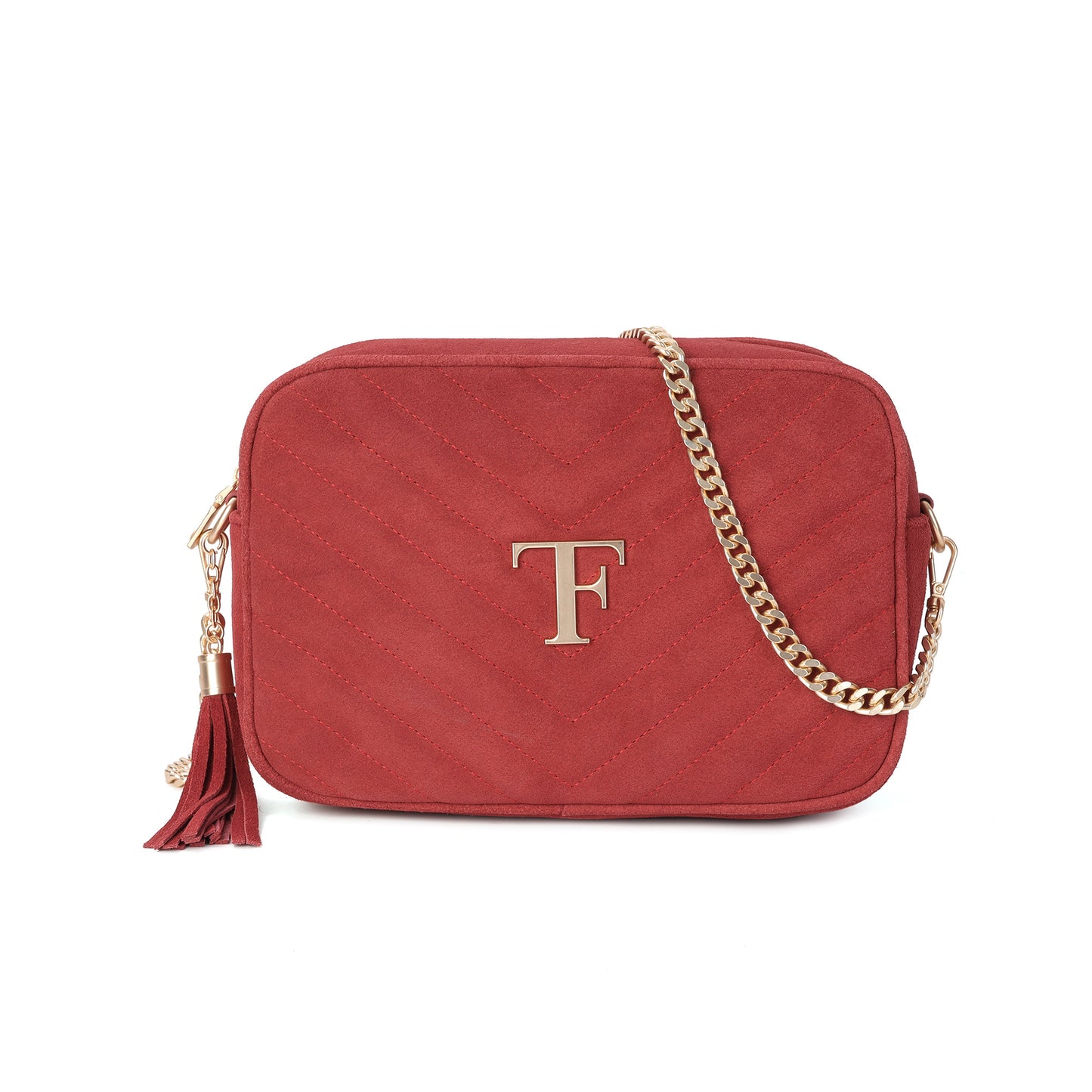 Suede Chevron Camera Bag with Chain Strap & Tassel