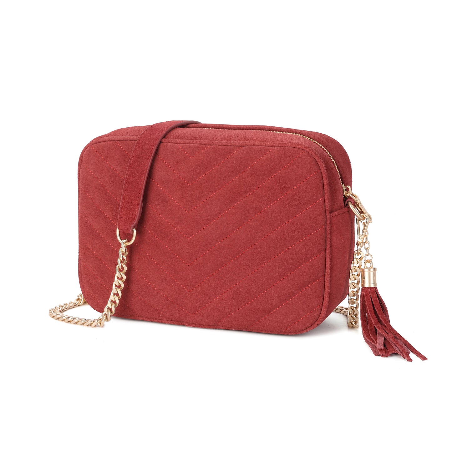 Suede Chevron Camera Bag with Chain Strap & Tassel