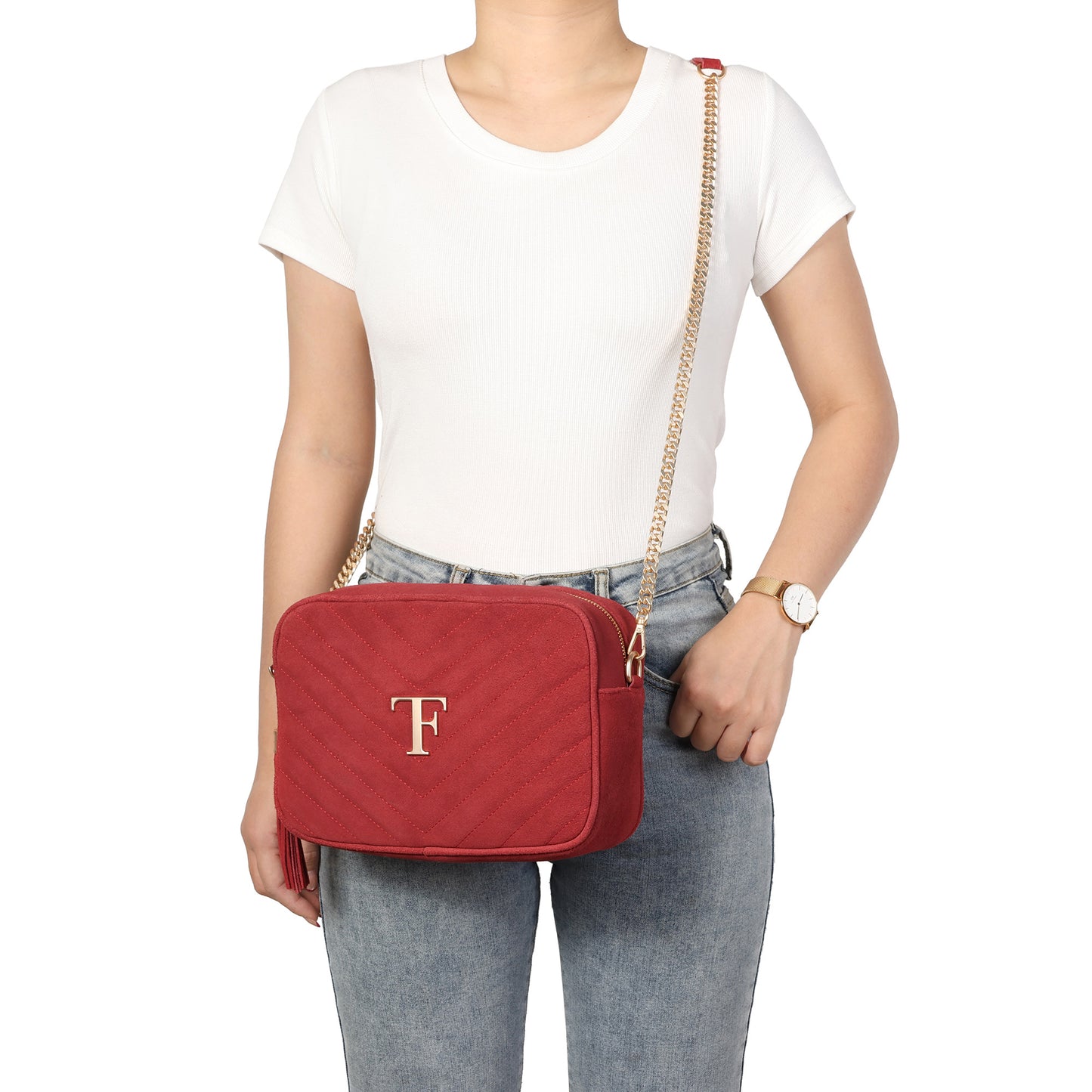 Suede Chevron Camera Bag with Chain Strap & Tassel