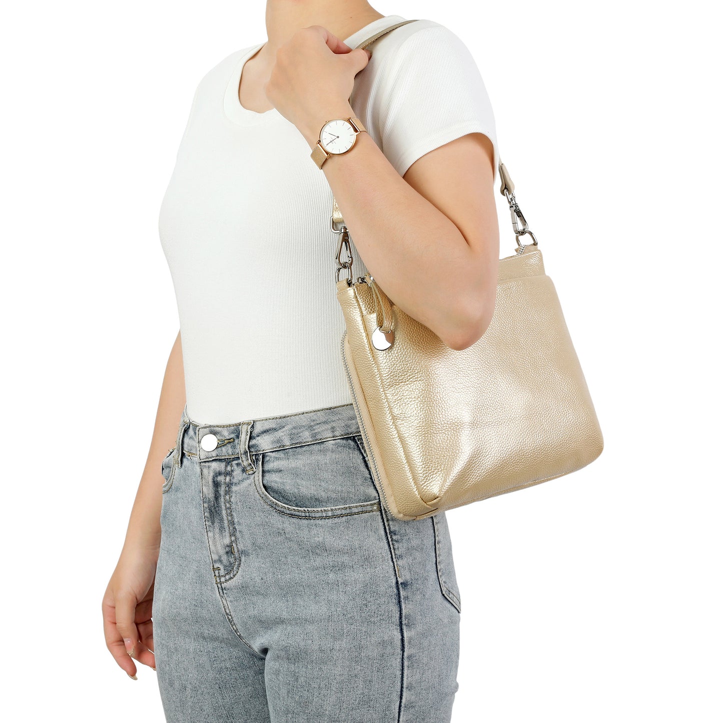 Metallic Leather Double Zip Crossbody Bag