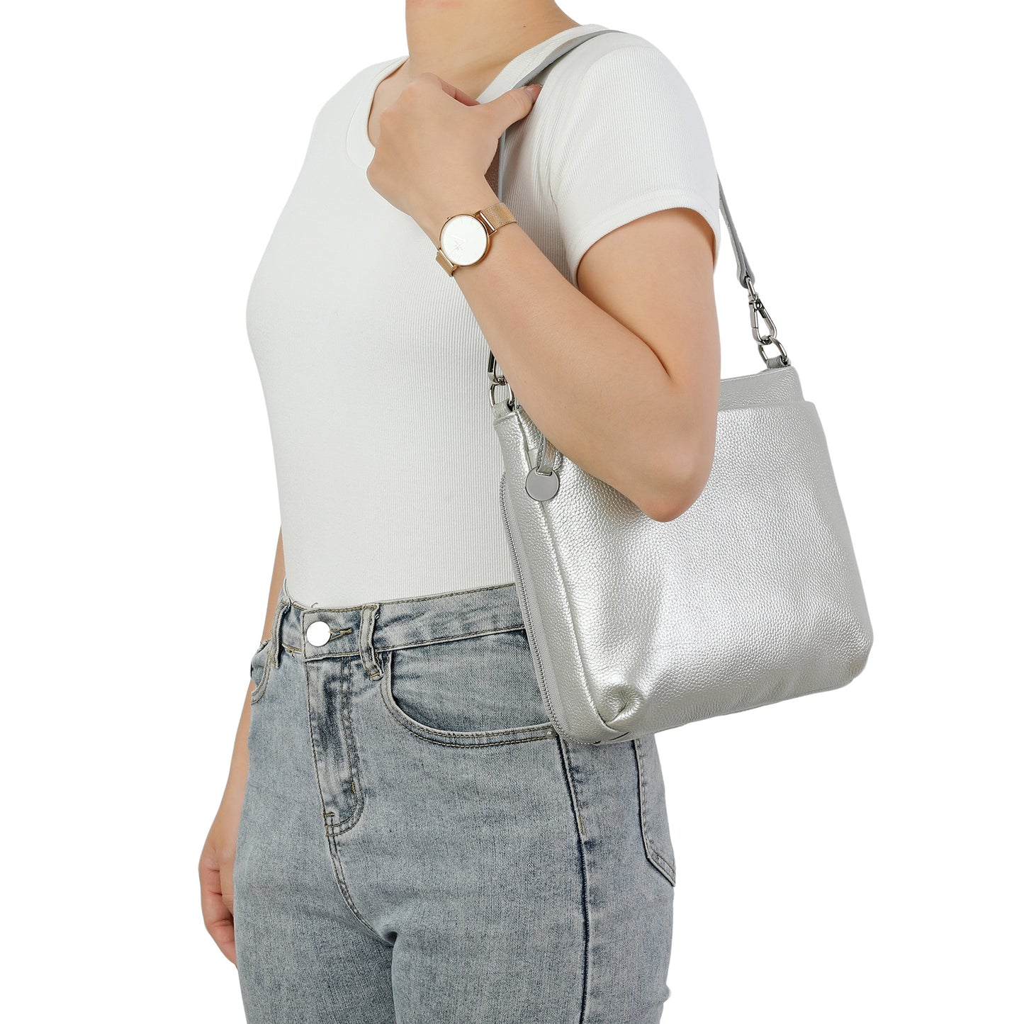 Metallic Leather Double Zip Crossbody Bag