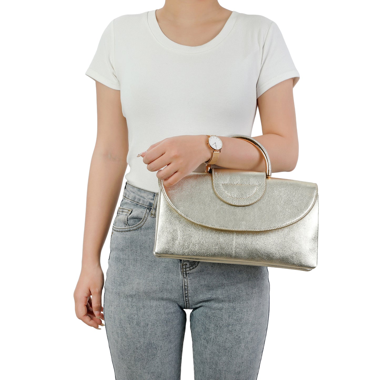Metallic Leather Top Handle Envelope Clutch