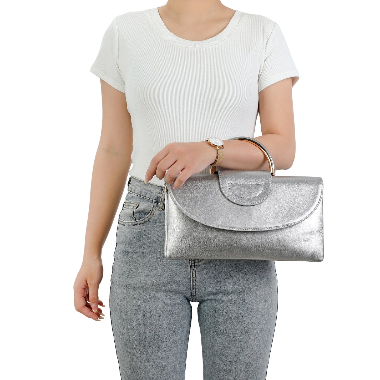 Metallic Leather Top Handle Envelope Clutch