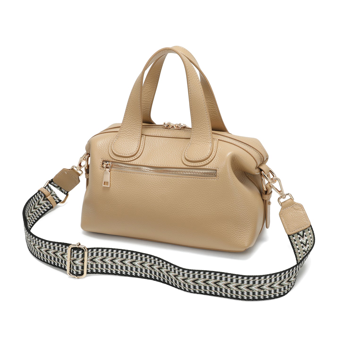 Pebbled Leather Satchel with Woven Strap