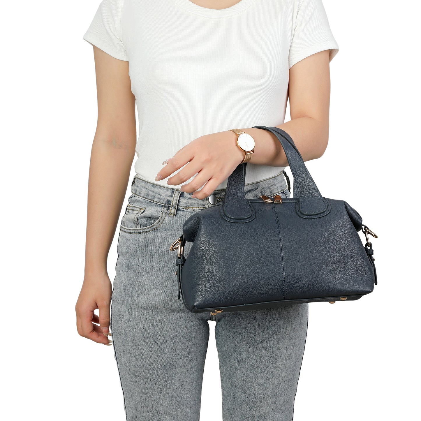 Pebbled Leather Satchel with Woven Strap