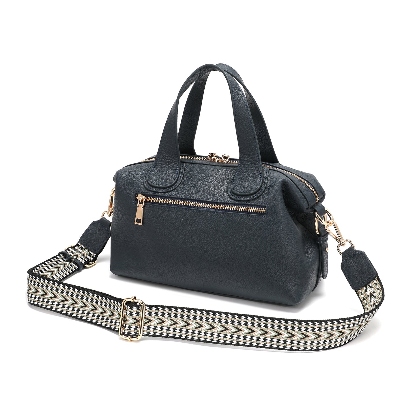 Pebbled Leather Satchel with Woven Strap