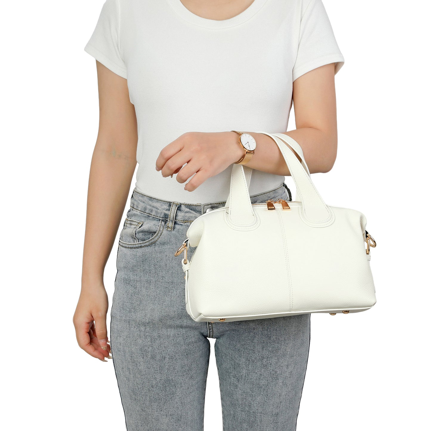 Pebbled Leather Satchel with Woven Strap