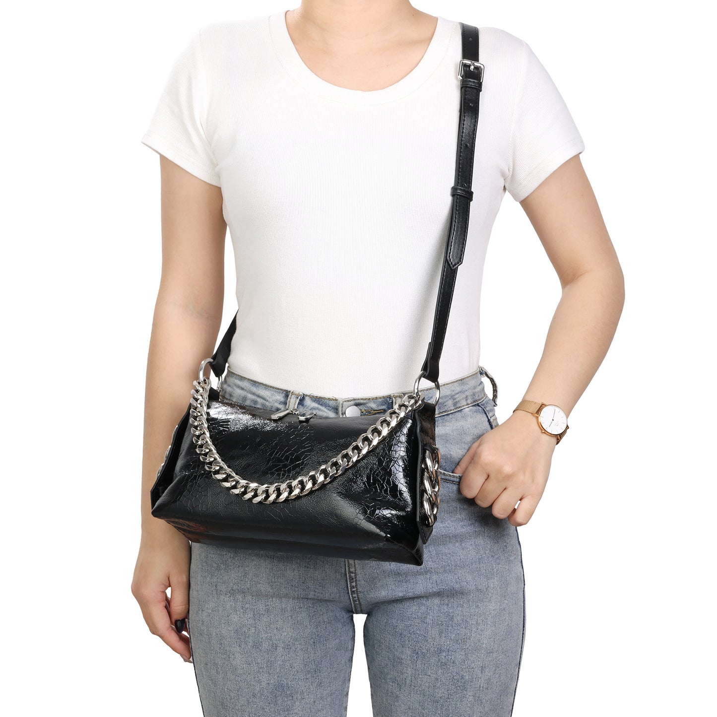Metallic Leather Chain Shoulder & Crossbody Bag