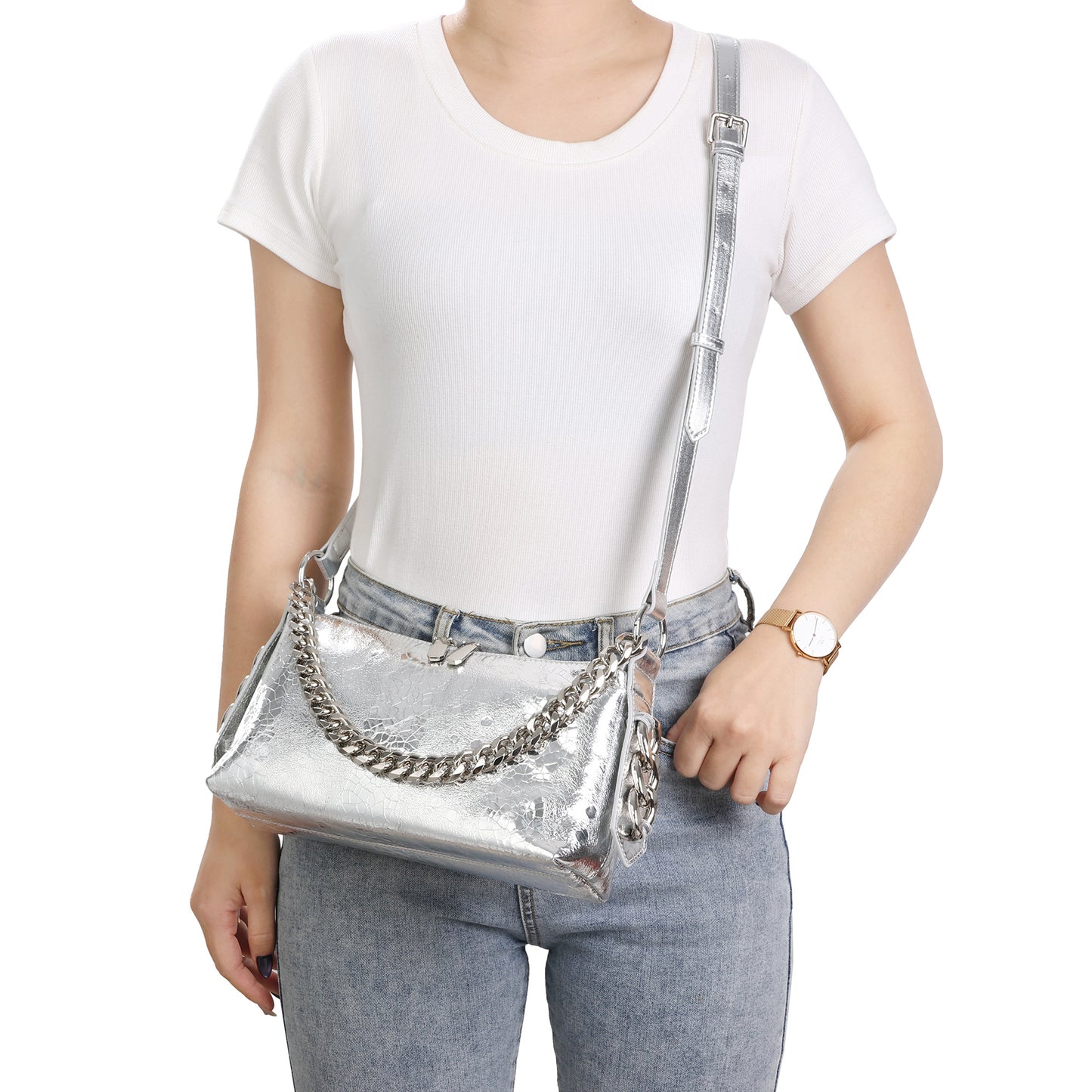 Metallic Leather Chain Shoulder & Crossbody Bag