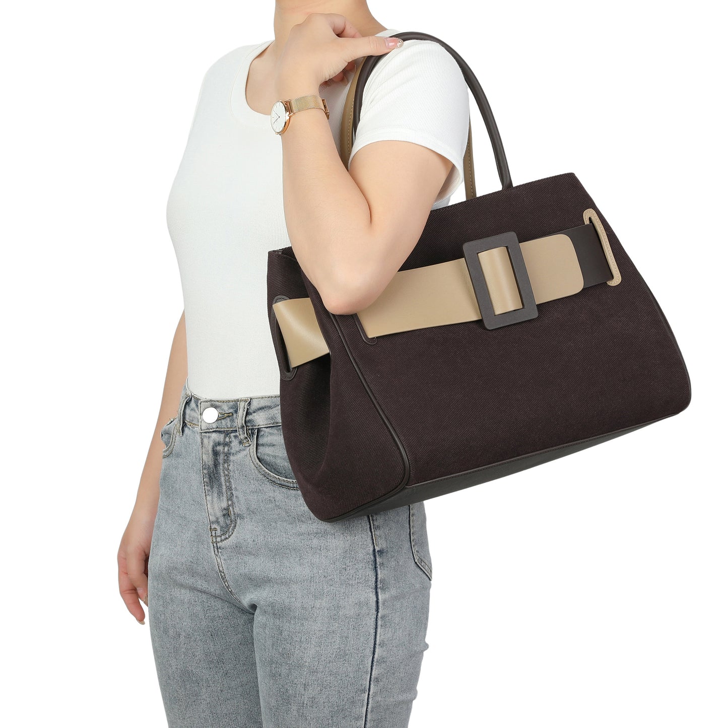 Canvas & Leather Belted Top Handle Tote