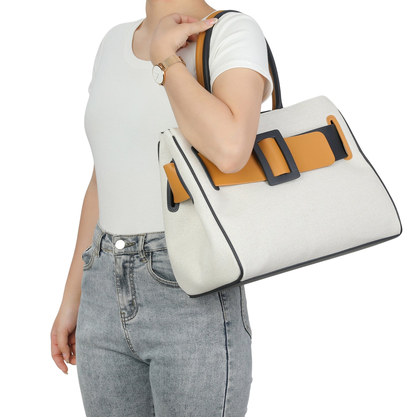 Canvas & Leather Belted Top Handle Tote