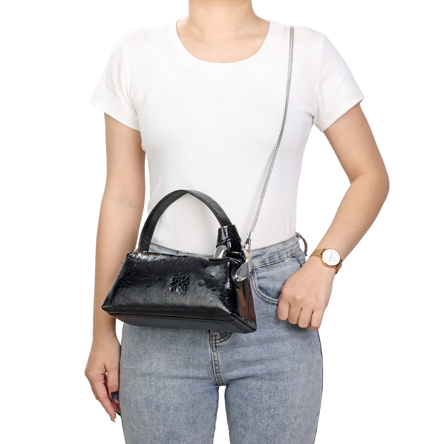 Metallic Leather Mini Top Handle & Crossbody Bag