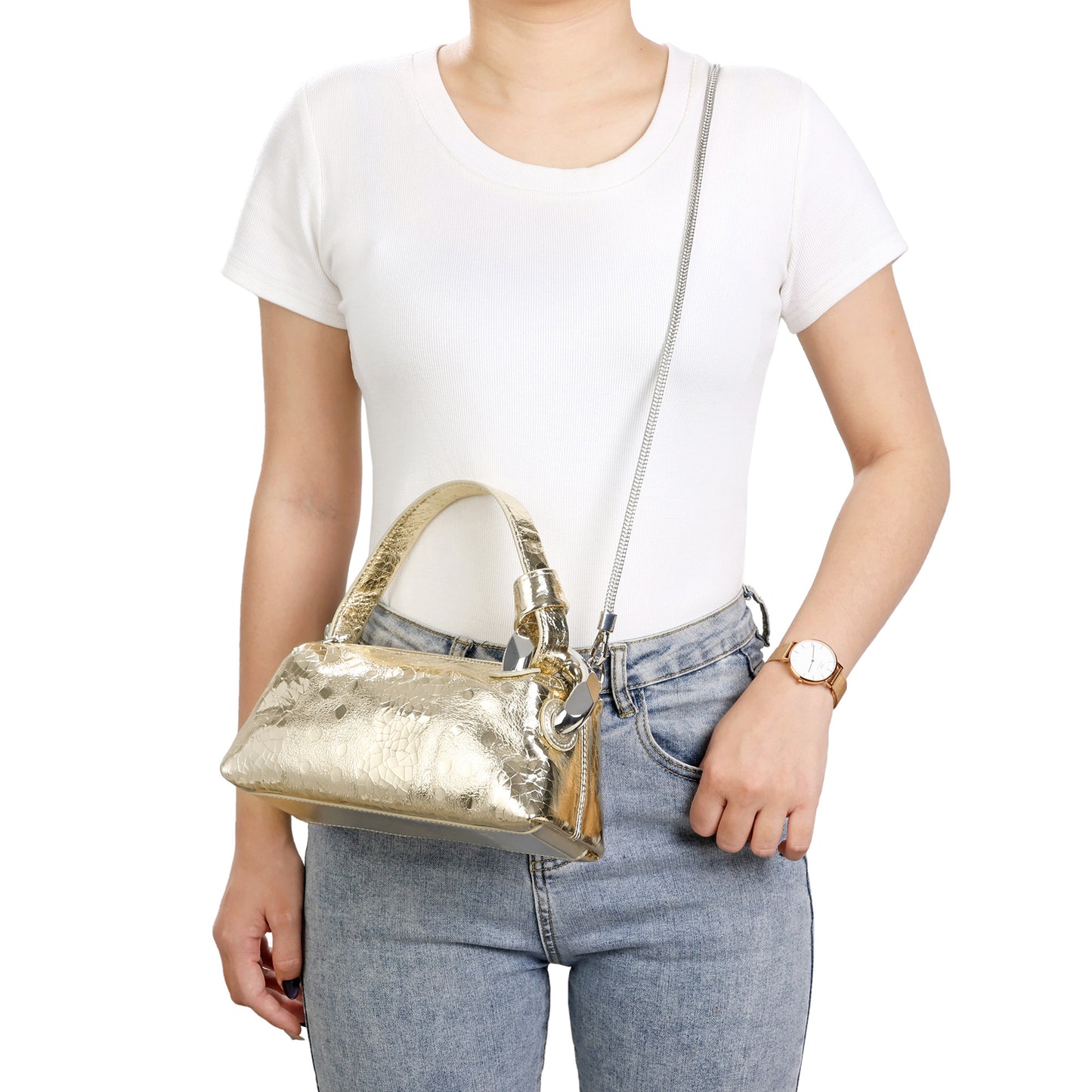 Metallic Leather Mini Top Handle & Crossbody Bag