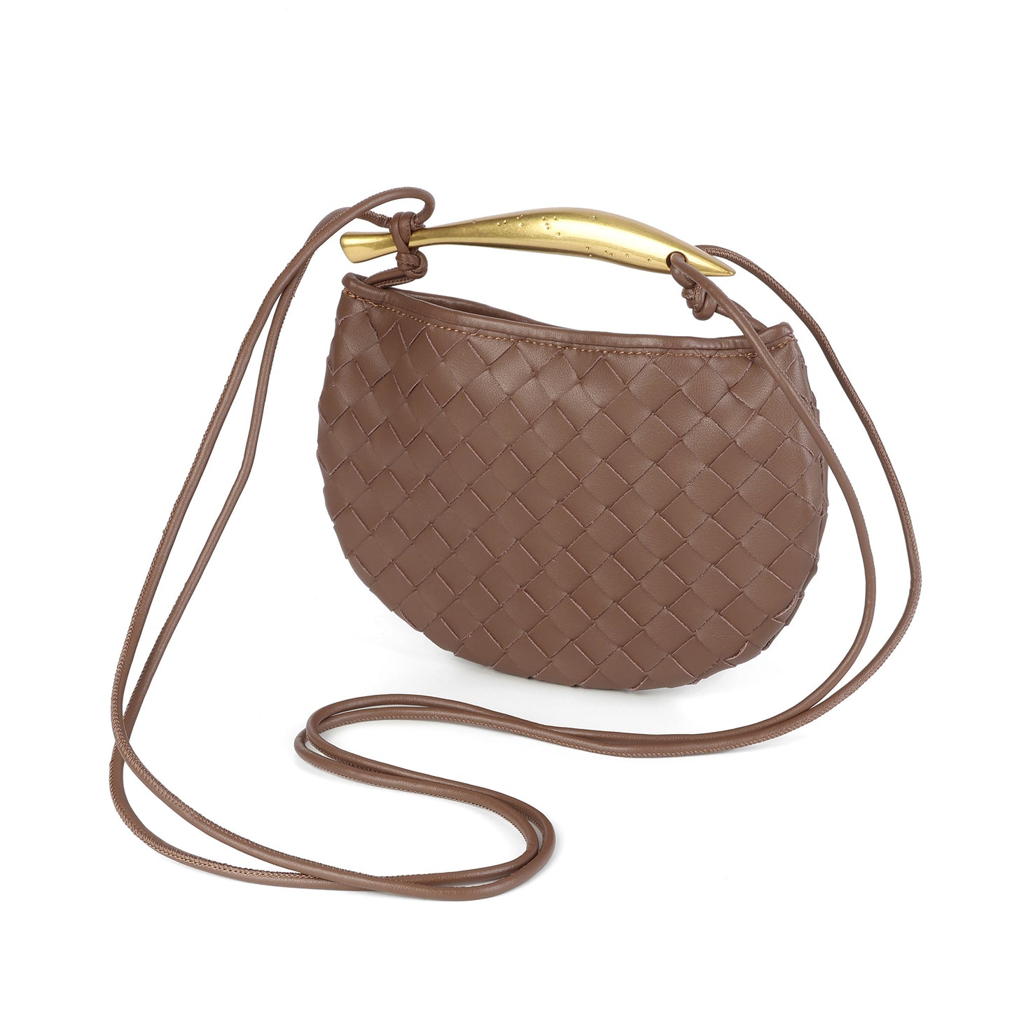 Woven Leather Crescent Bag with Sculpted Brass Handle