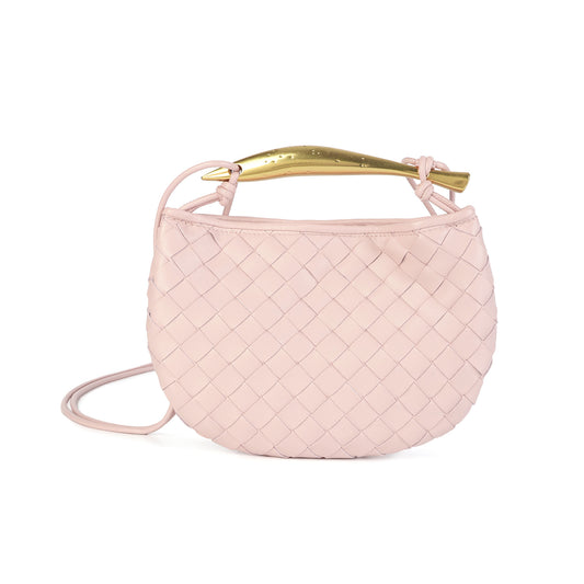 Woven Leather Crescent Bag with Sculpted Brass Handle