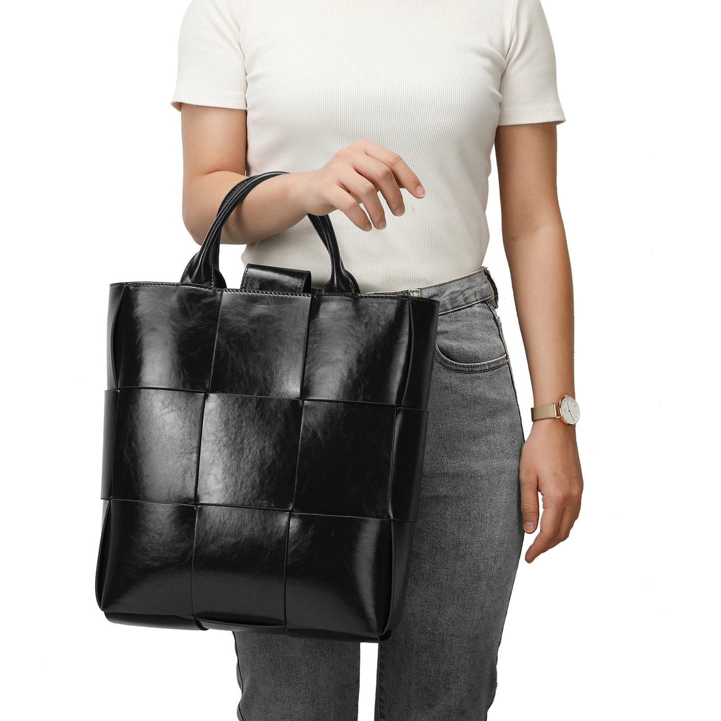 WOVEN LEATHER TOTE BAG - Black