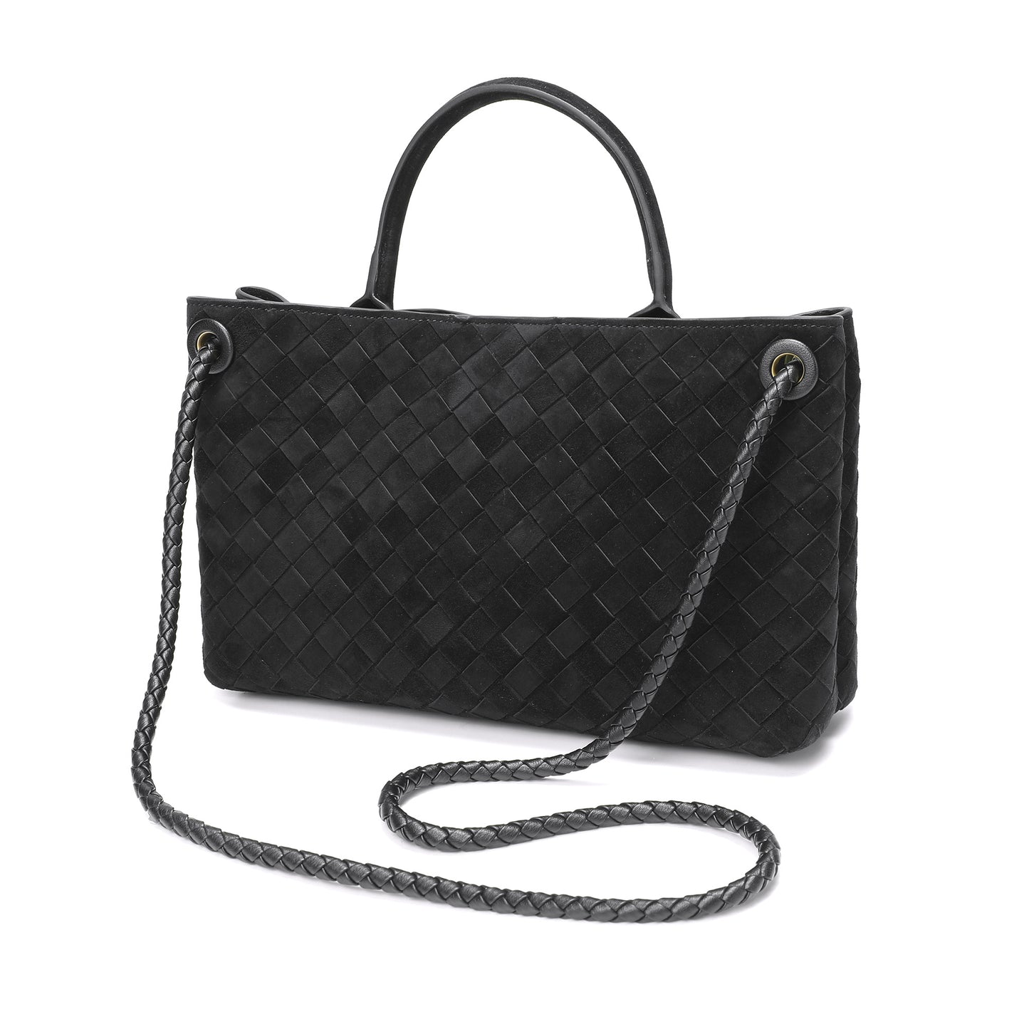 Woven Suede Leather Top Handle Satchel