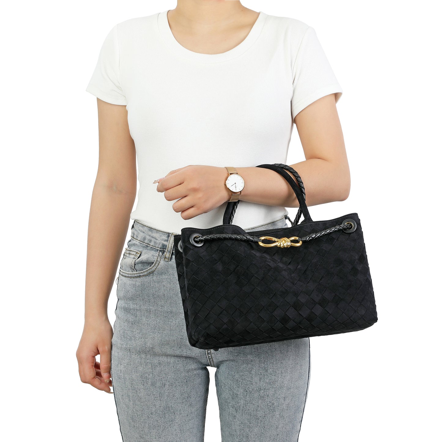 Woven Suede Leather Top Handle Satchel