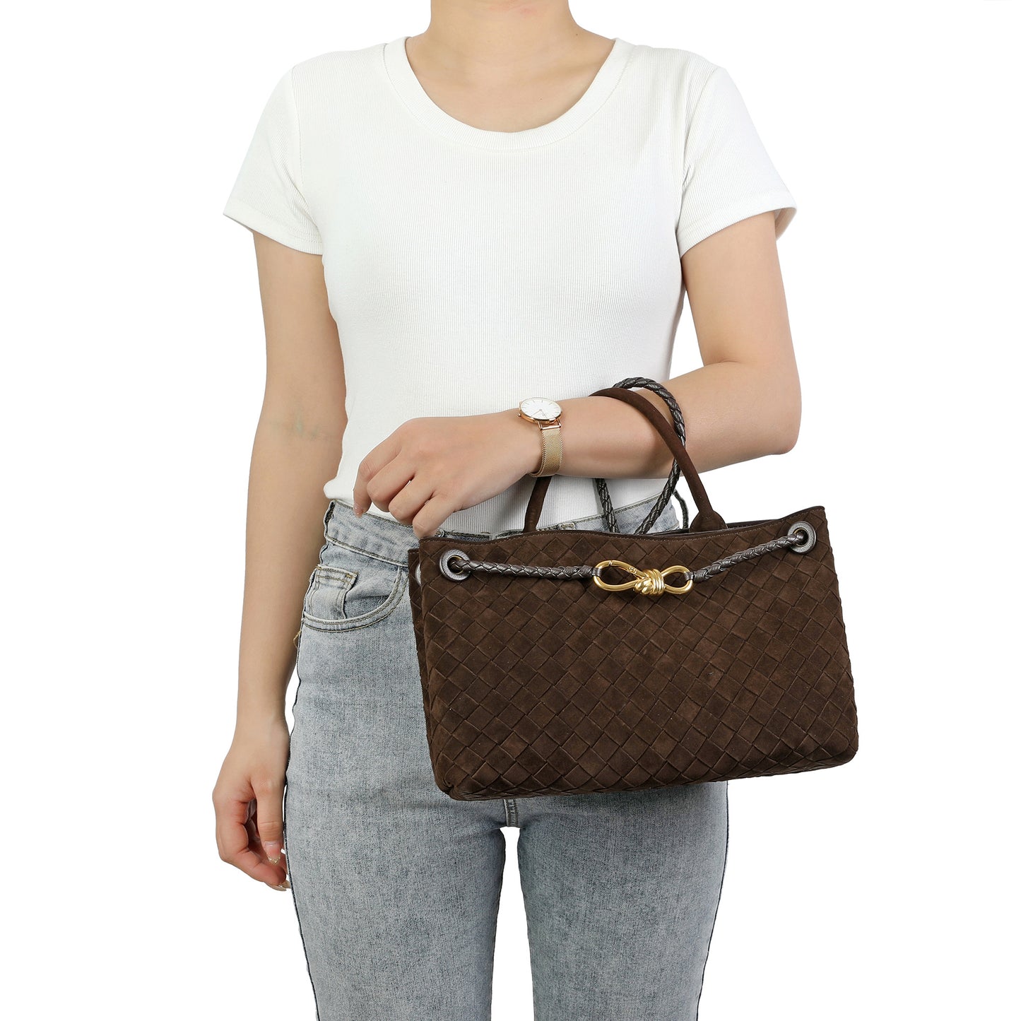 Woven Suede Leather Top Handle Satchel