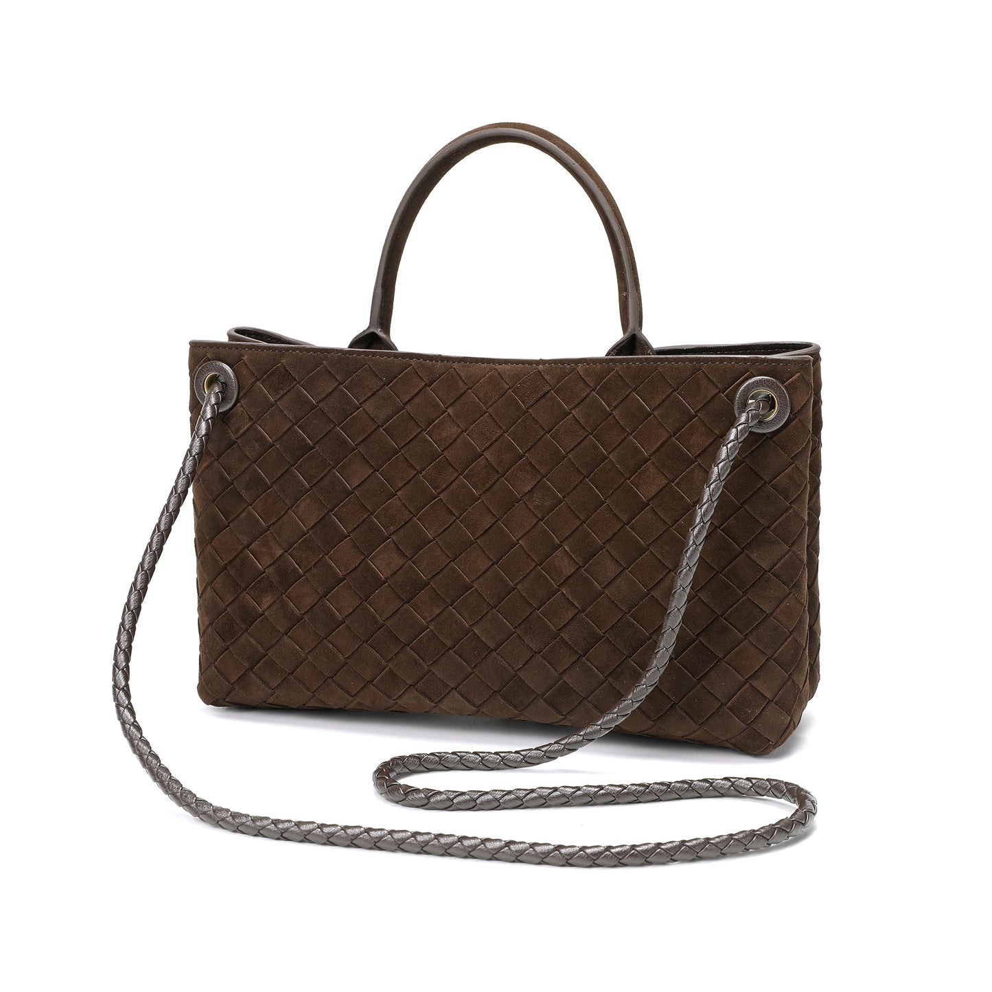Woven Suede Leather Top Handle Satchel