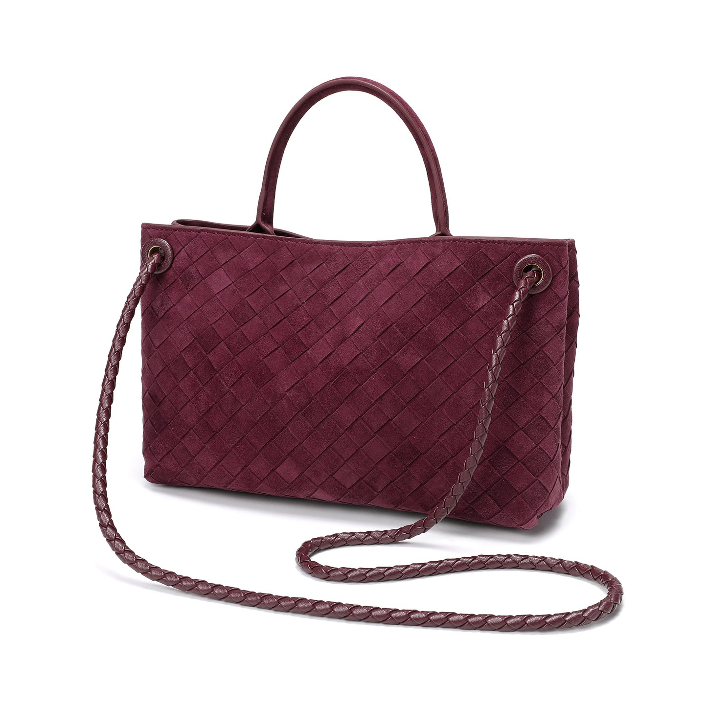 Woven Suede Leather Top Handle Satchel