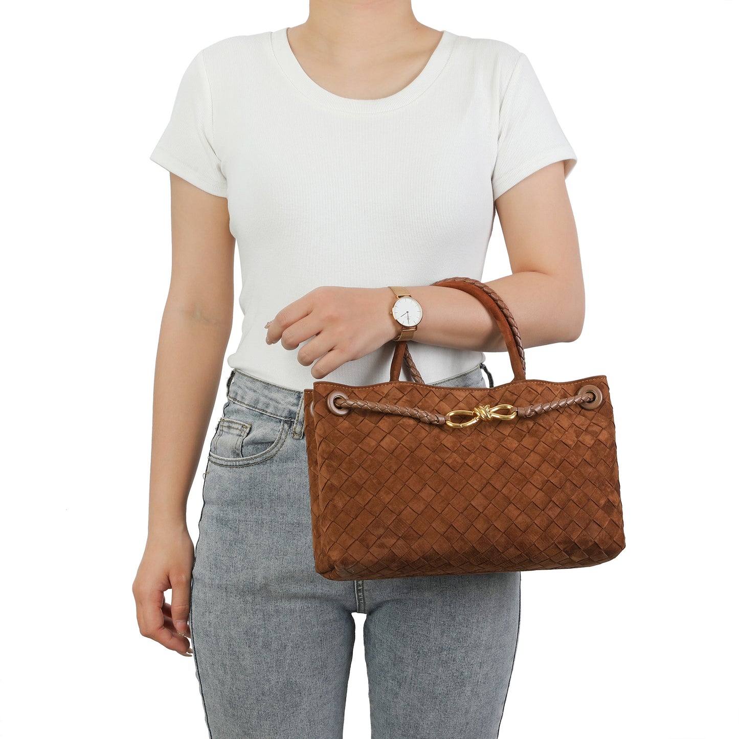 Woven Suede Leather Top Handle Satchel