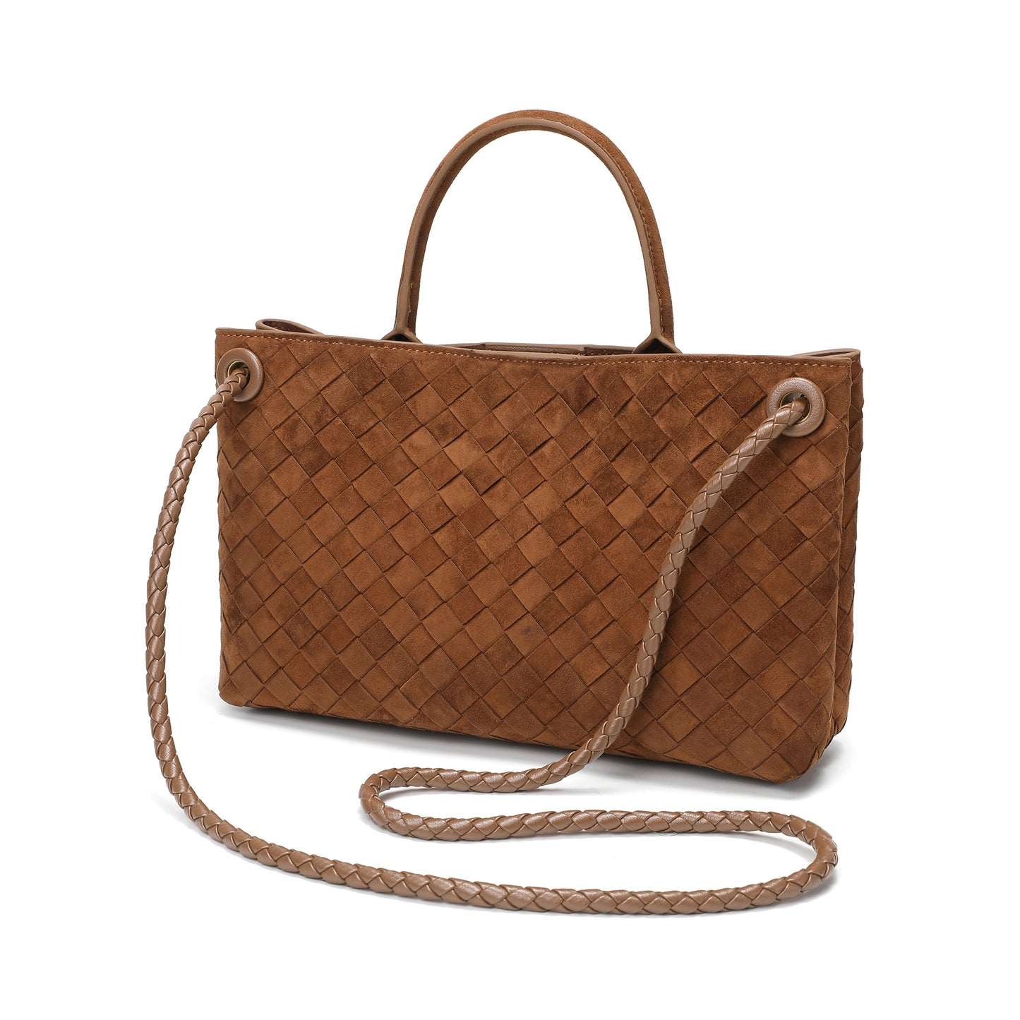 Woven Suede Leather Top Handle Satchel